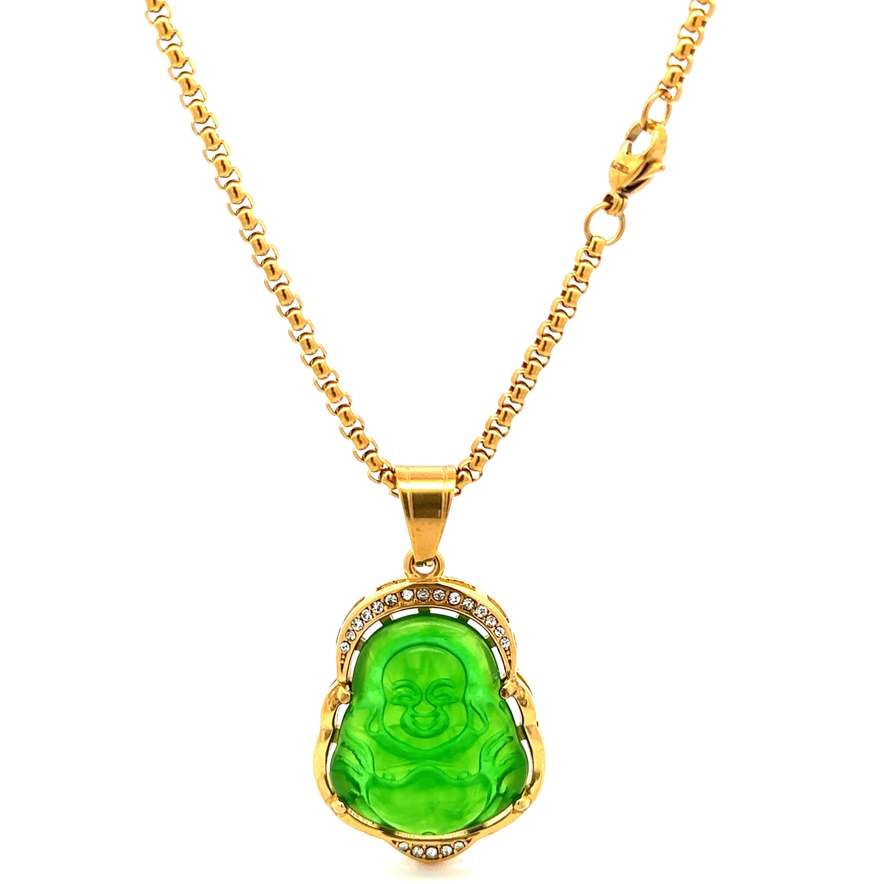 Green Jade Buddha Pendant Necklace Gold Plated With Crystal BandsCo Straps 