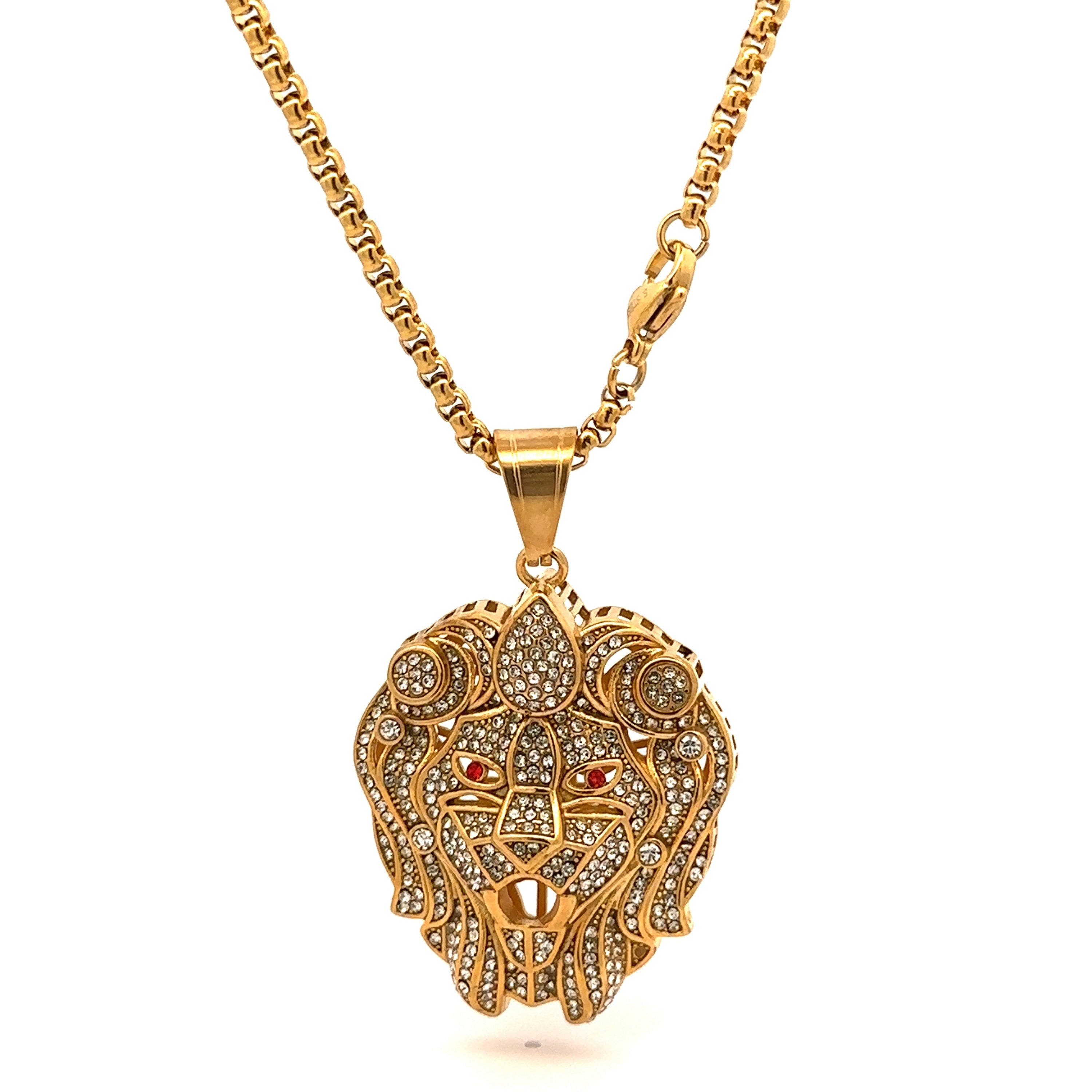 Gold Steel Lion Head Necklace Pave Crystal Red Eyes BandsCo Straps 