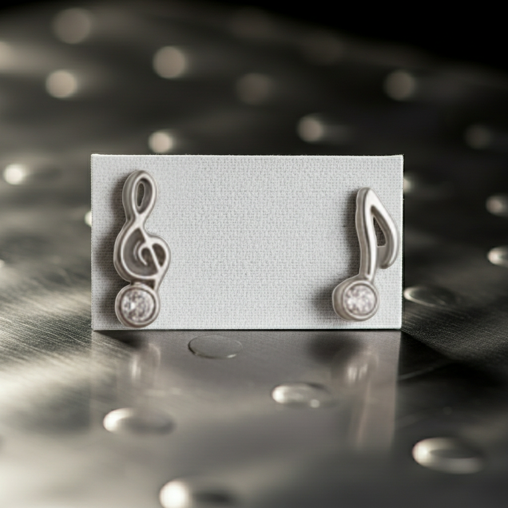 Mismatched music note stud earrings, a treble clef and an eighth note in silver-tone with a clear rhinestone accent, angled view