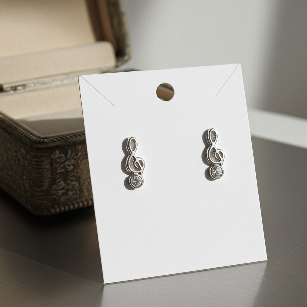 Mismatched music note stud earrings, a treble clef and an eighth note in silver-tone with a clear rhinestone accent