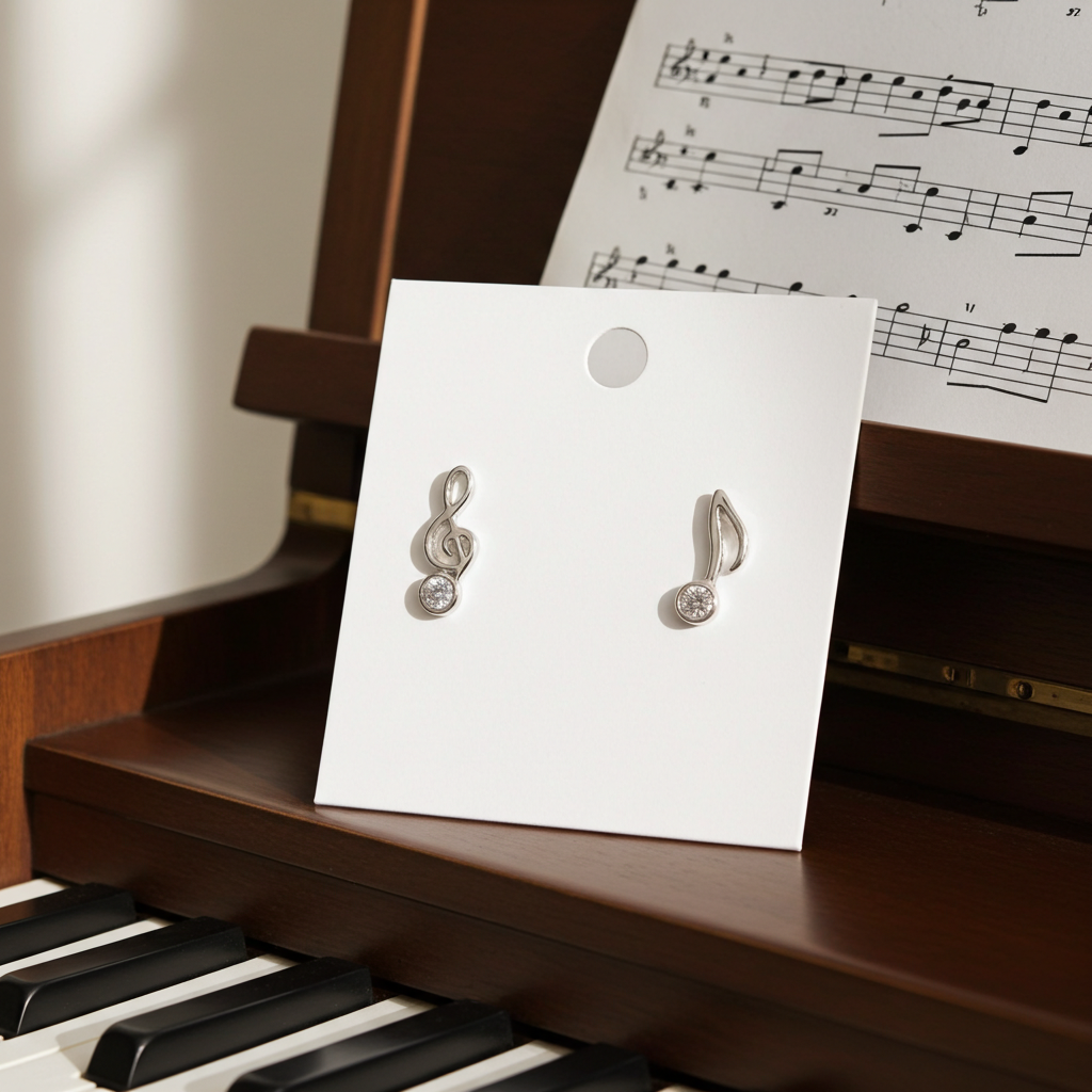 Mismatched music note stud earrings, a treble clef and an eighth note in silver-tone with a clear rhinestone accent, reverse view