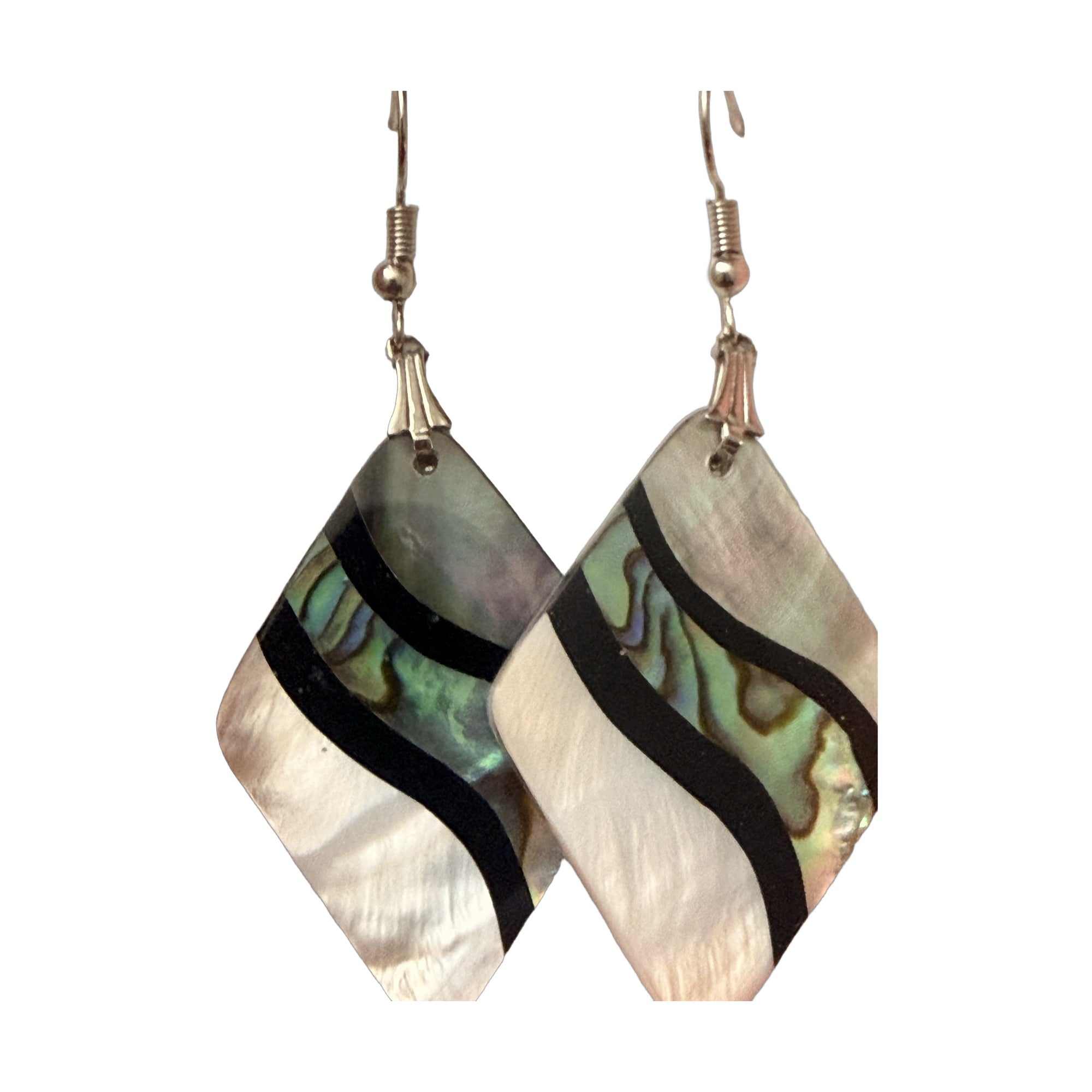 Shell-look kite drop earrings in green-blue and white with black banding, silver-tone French hook ear wires