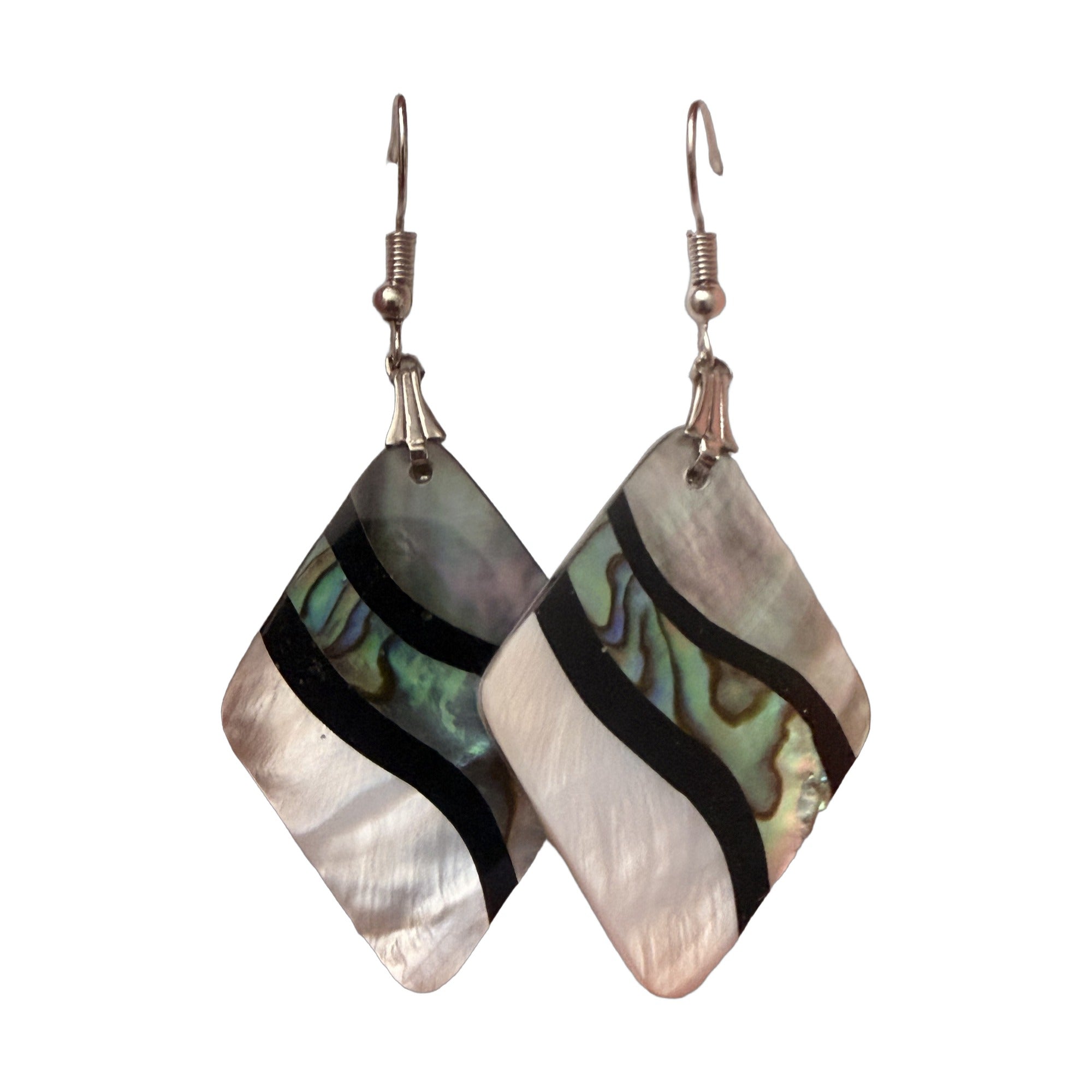 Shell-look kite drop earrings in green-blue and white with black banding, silver-tone French hook ear wires, alternate view