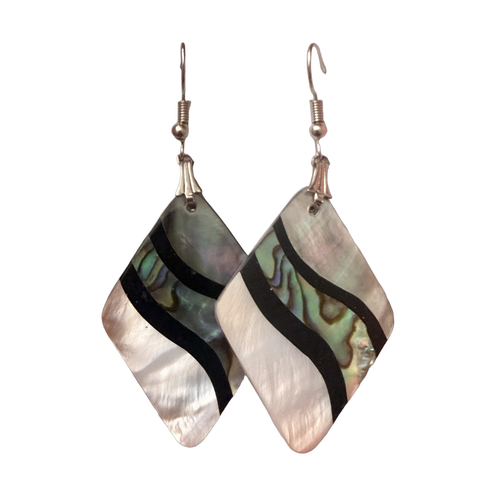 Shell-look kite drop earrings in green-blue and white with black banding, silver-tone French hook ear wires, detail view