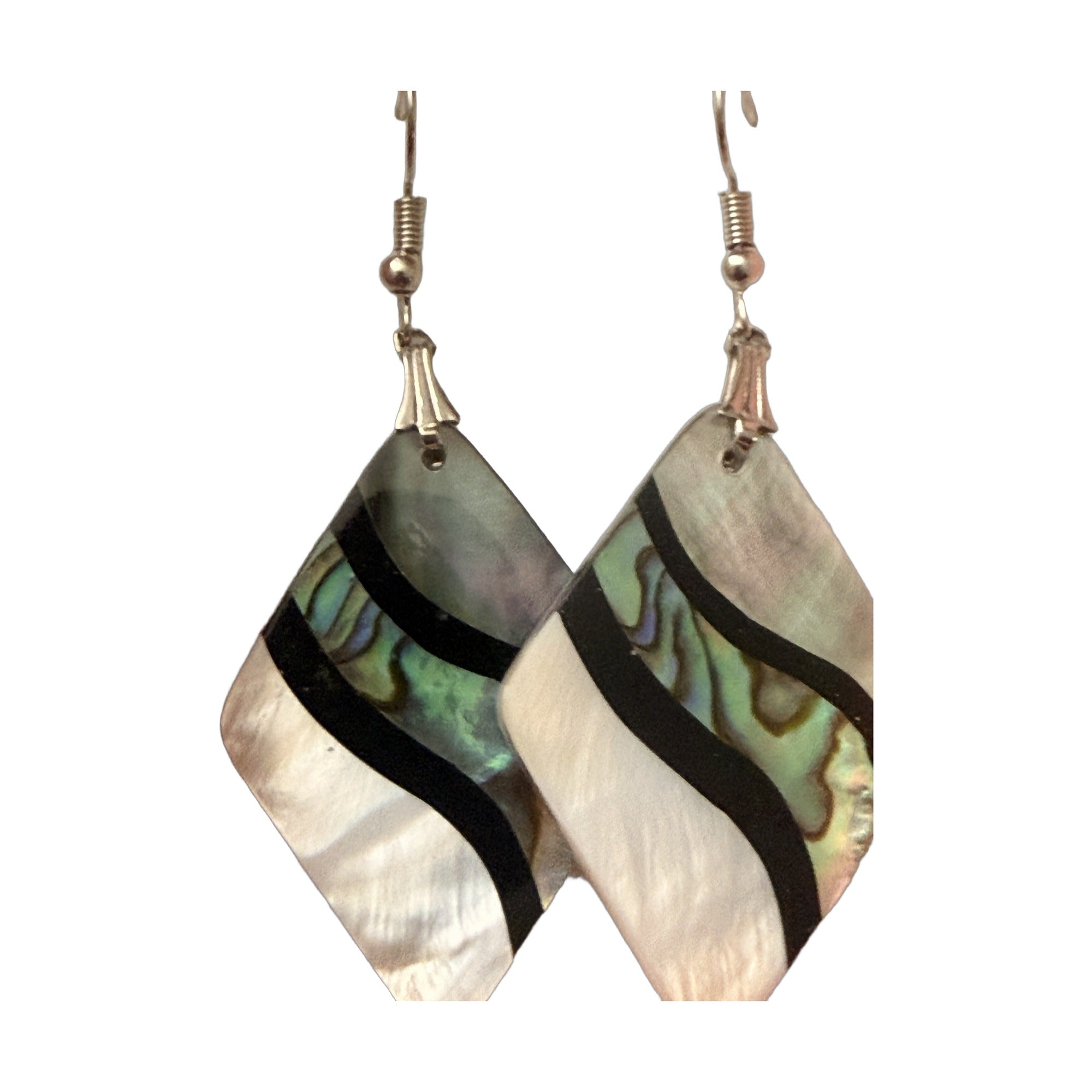Shell-look kite drop earrings in green-blue and white with black banding, silver-tone French hook ear wires, additional view