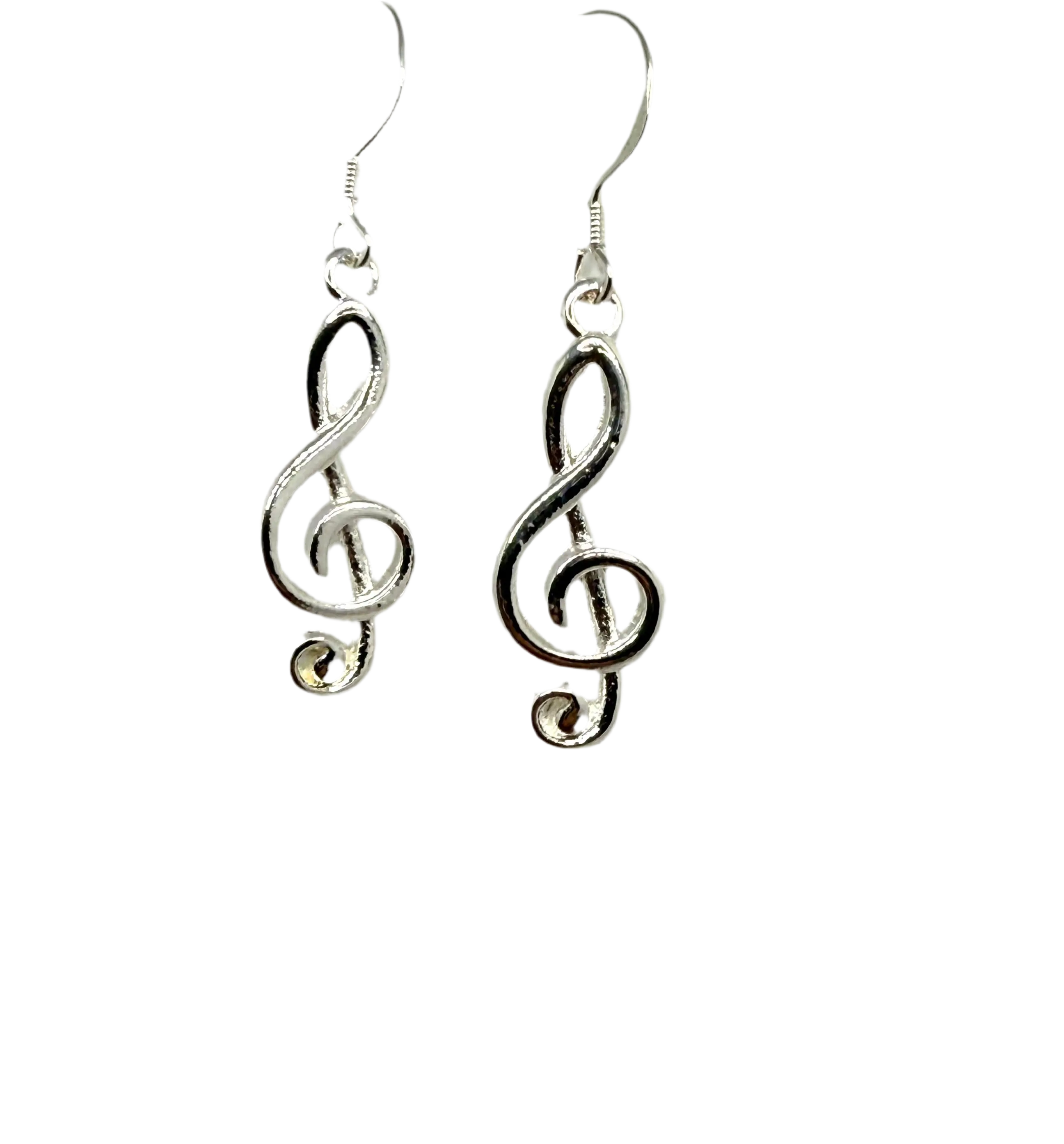Silver-tone treble clef dangle earrings on French hook ear wires, reverse view
