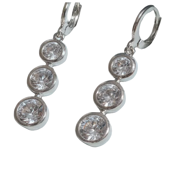 Three-stone bezel rhinestone drop earrings, silver-tone leverback, plain background