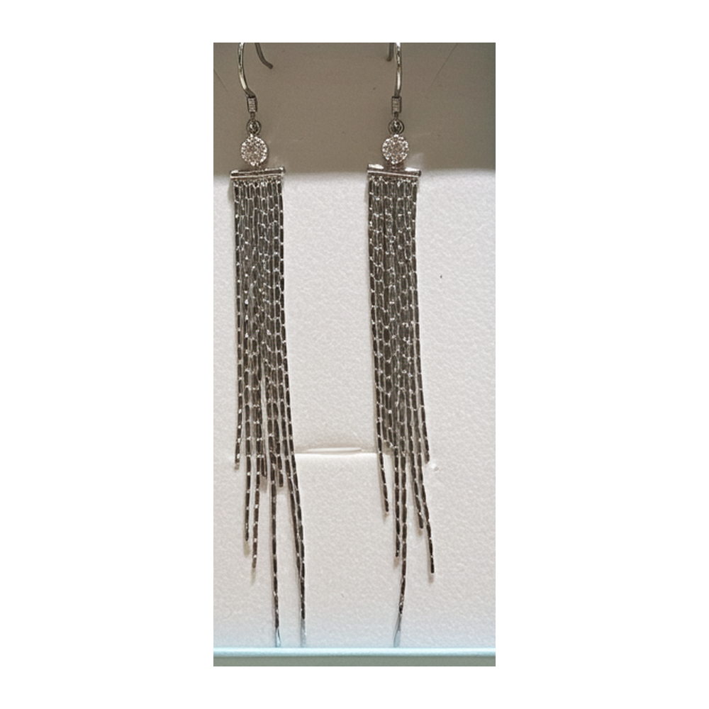 Long liquid chain tassel drop earrings, silver-tone, plain background