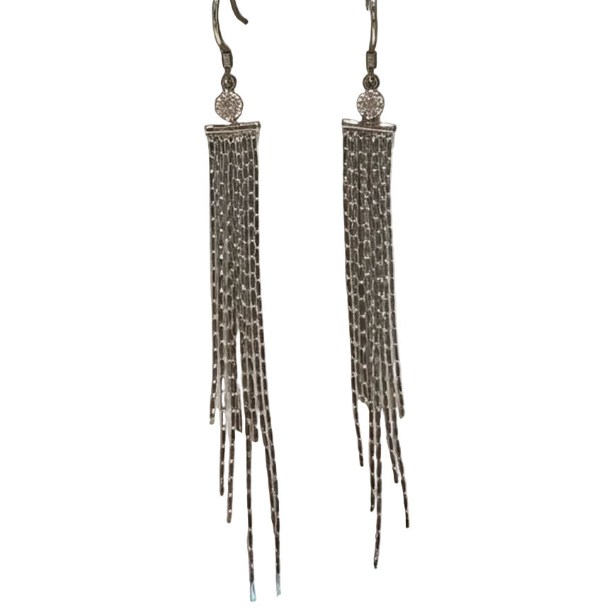 Long liquid chain tassel drop earrings, silver-tone, plain background