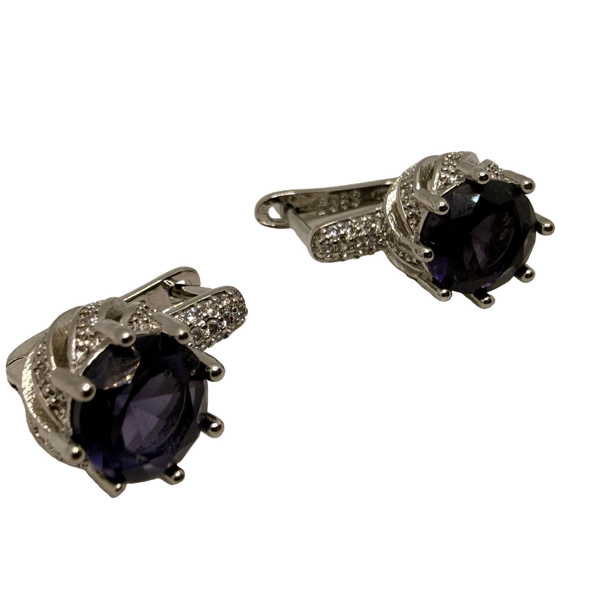 Purple Rhinestone Round Drop Earrings with Silver-Tone Pave Cap on a plain white background