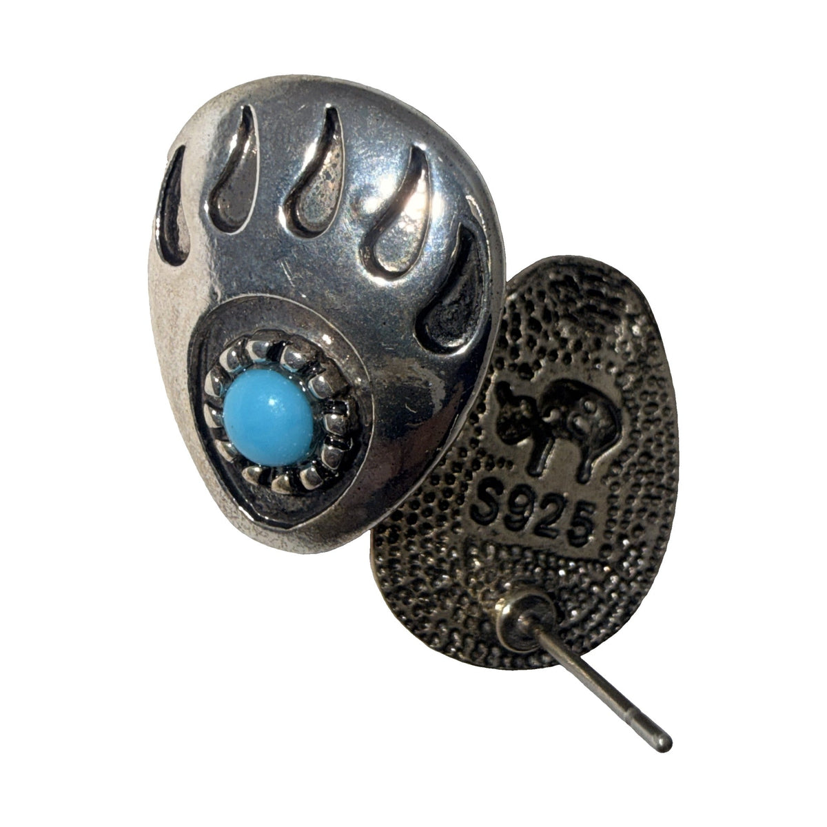 Oxidised silver-tone bear paw stud earrings with a round blue stone centre, post backs