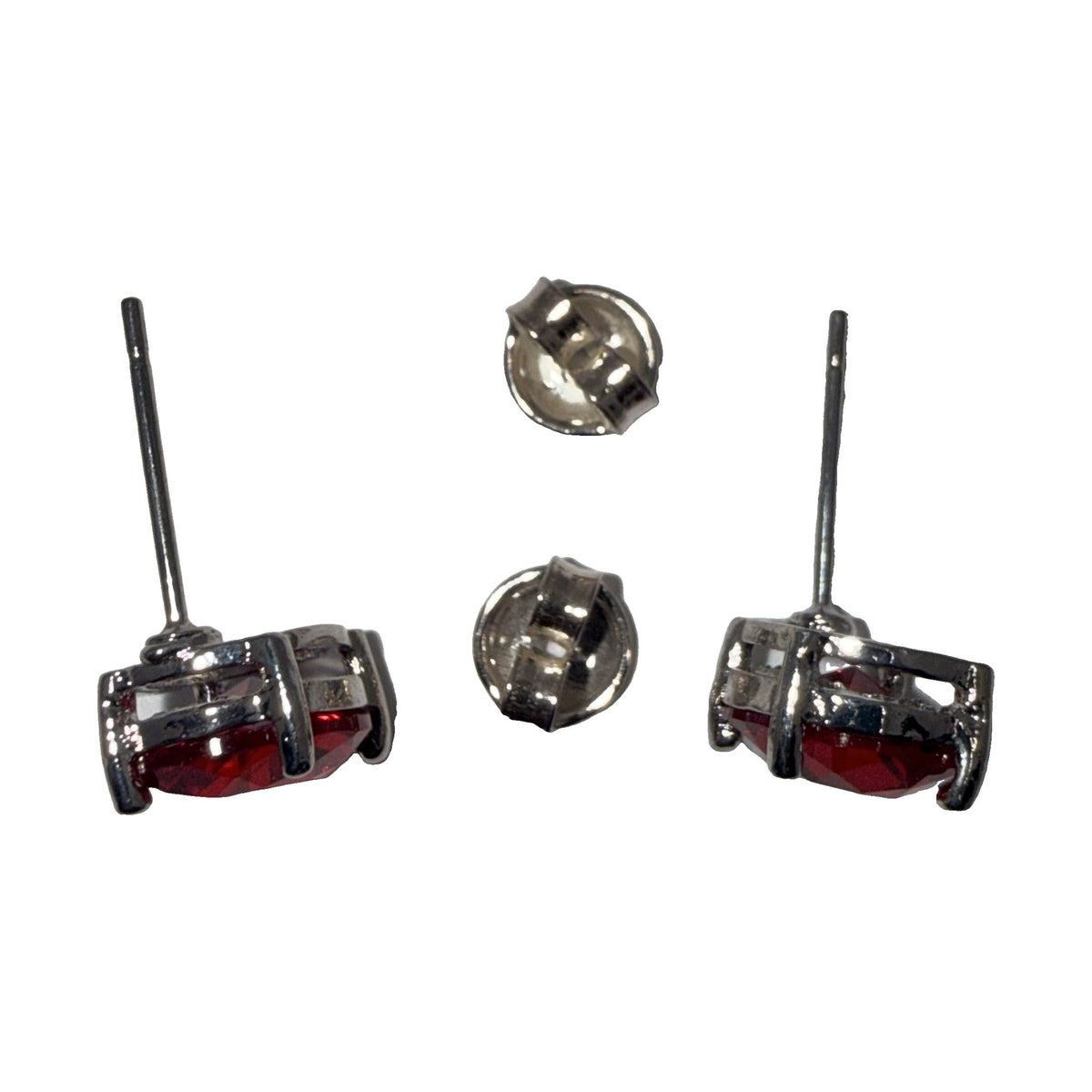 Silver-tone round red rhinestone stud earrings, close view of the posts and butterfly backs