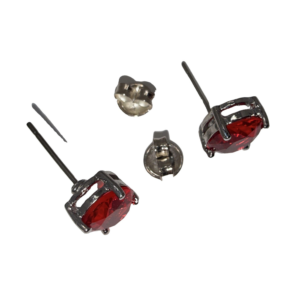 Silver-tone round red rhinestone stud earrings with four-prong settings and post backs