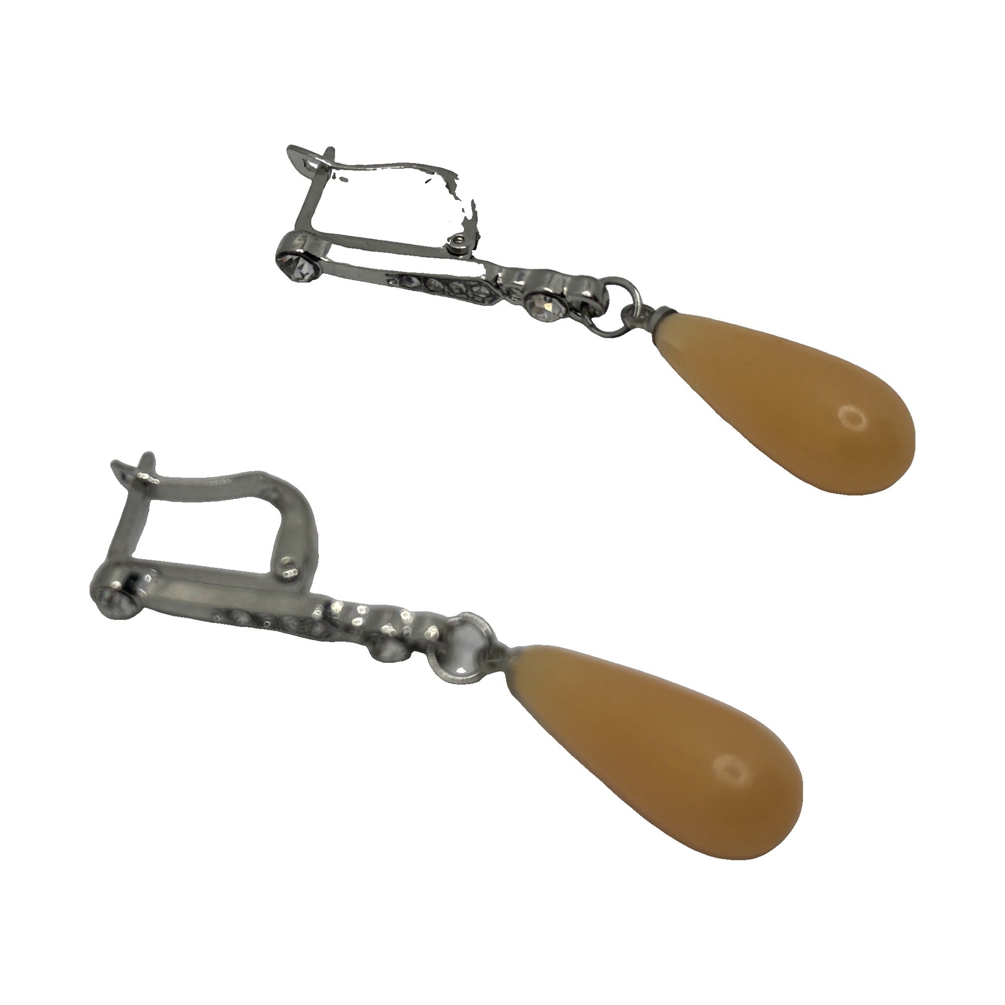 Silver-tone lever-back drop earrings with a rhinestone bar and a butterscotch-yellow teardrop