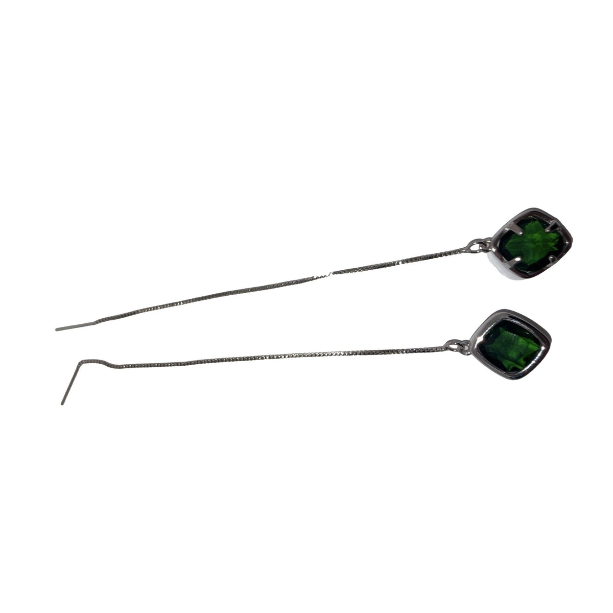Silver-tone chain threader earrings with bezel-set green stone drops