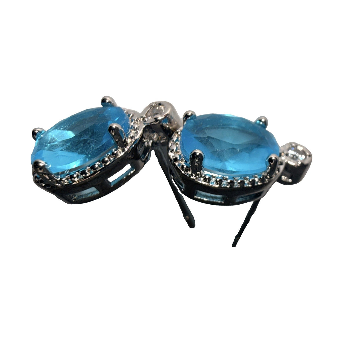 Silver-tone two-stone drop earrings with oval blue stones and clear rhinestone halos
