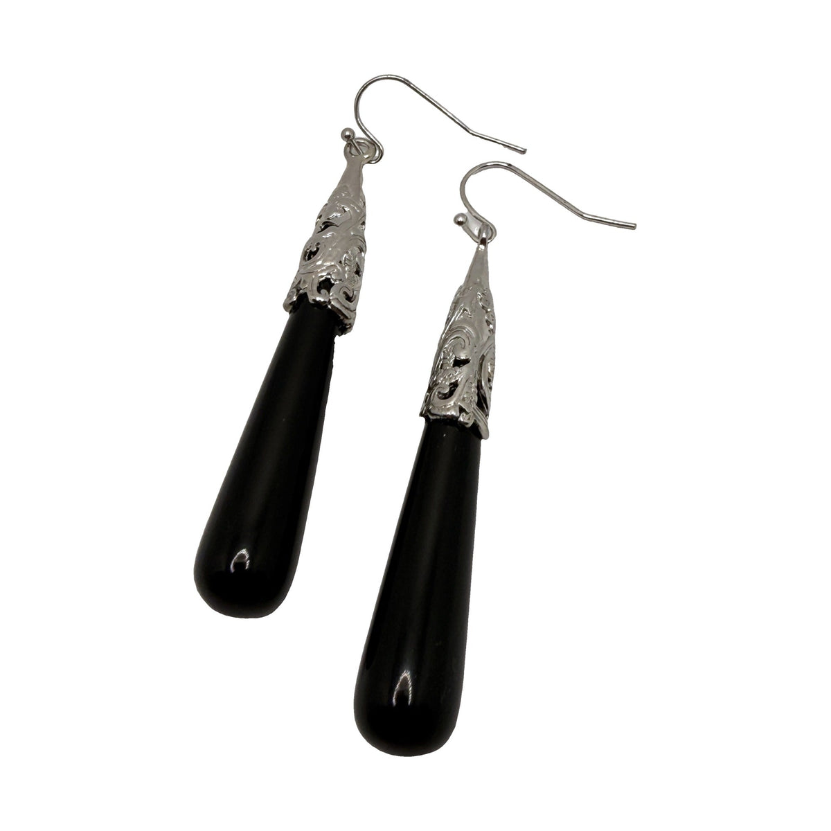 Silver-tone long black teardrop earrings with filigree caps and hook ear wires