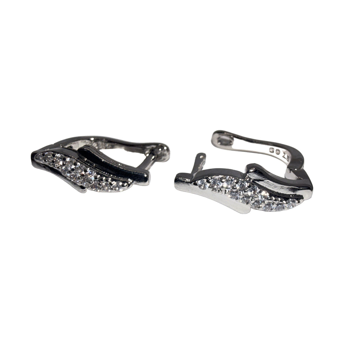 Silver-tone wave huggie earrings, close view of the hinged lever closure