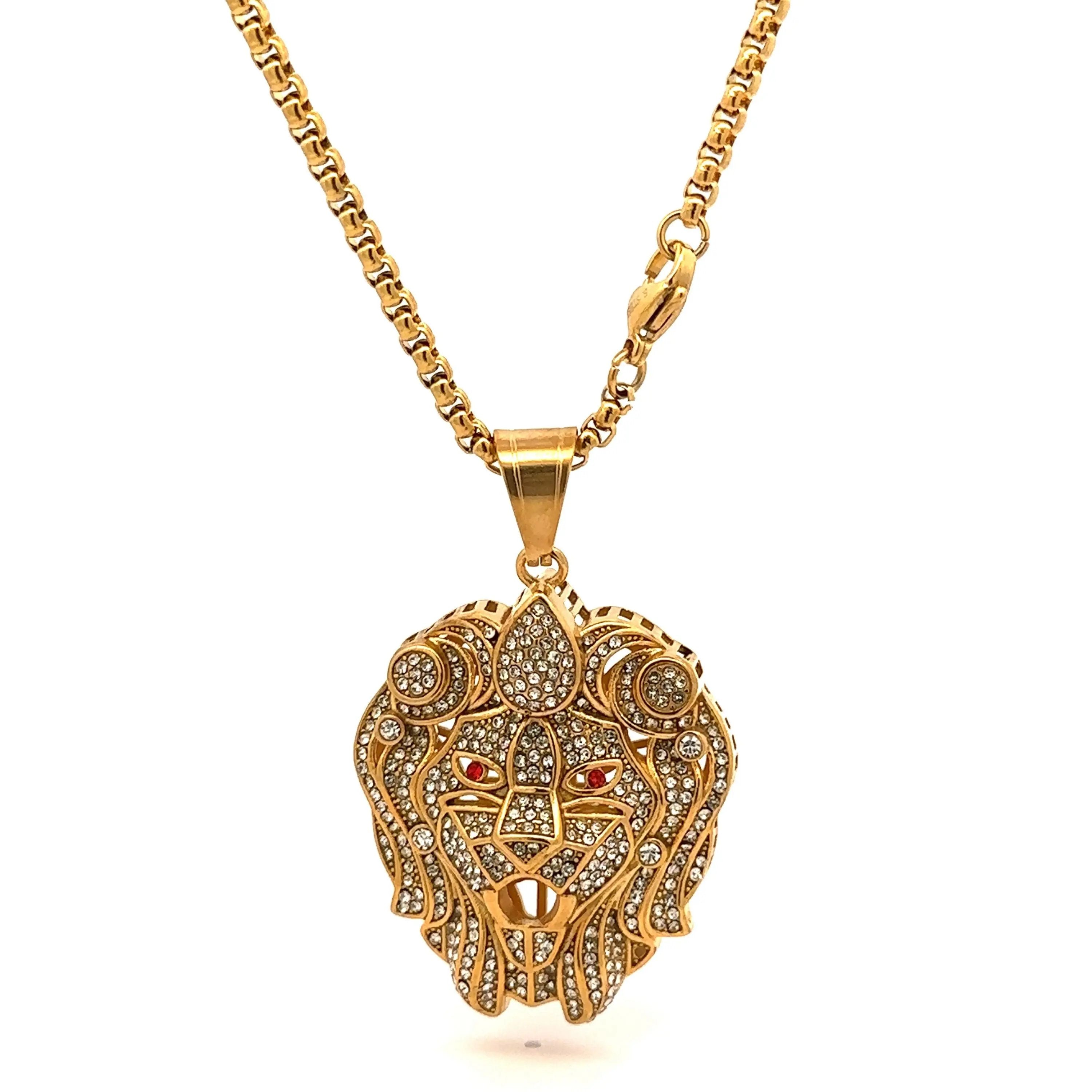Gold Steel Lion Head Necklace Pave Crystal Red Eyes BandsCo Straps   Jewelry & Watches