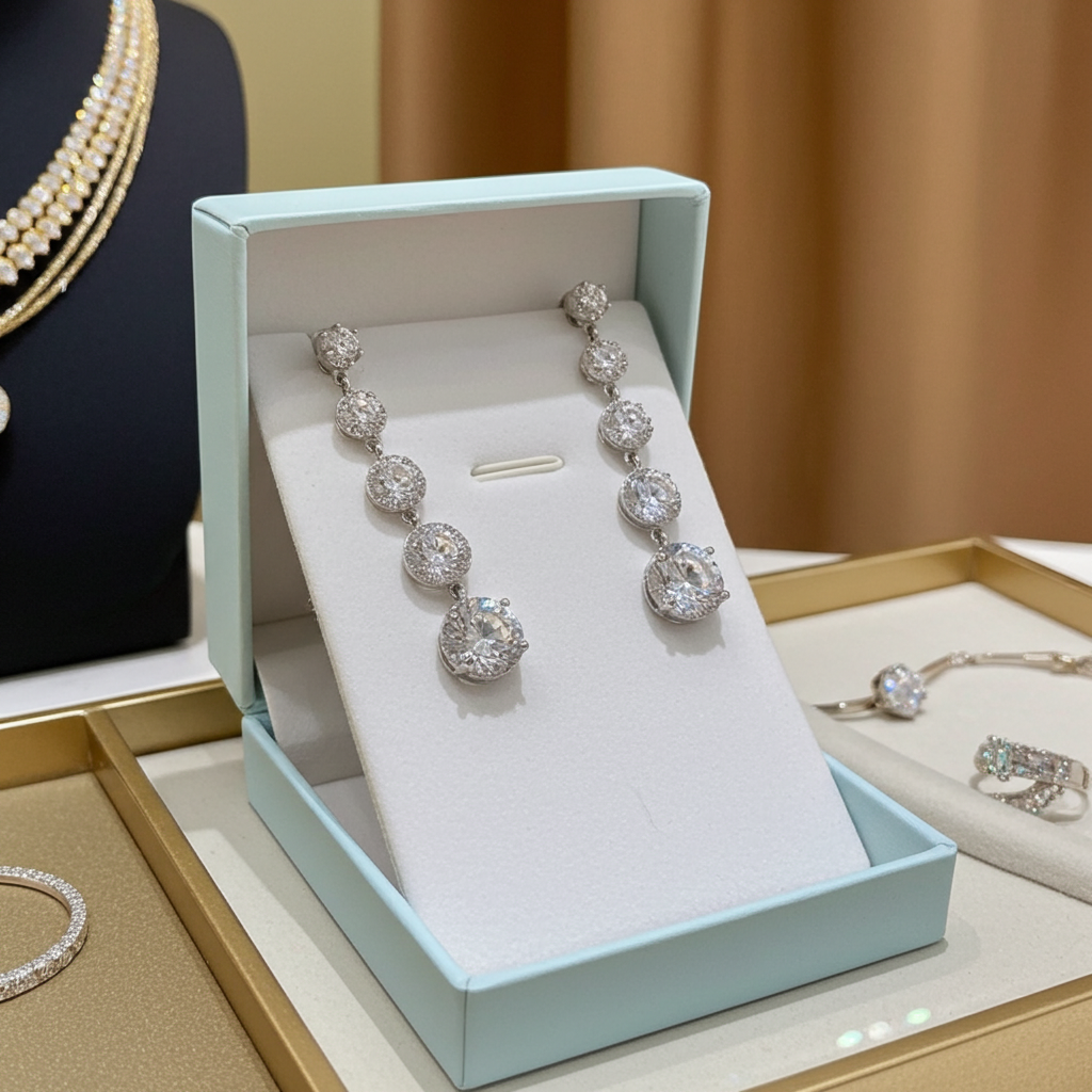 Graduated five-stone rhinestone drop earrings in silver-tone on French hook ear wires