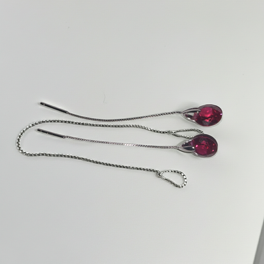 Red teardrop rhinestone chain threader earrings on fine silver-tone chain, alternate view