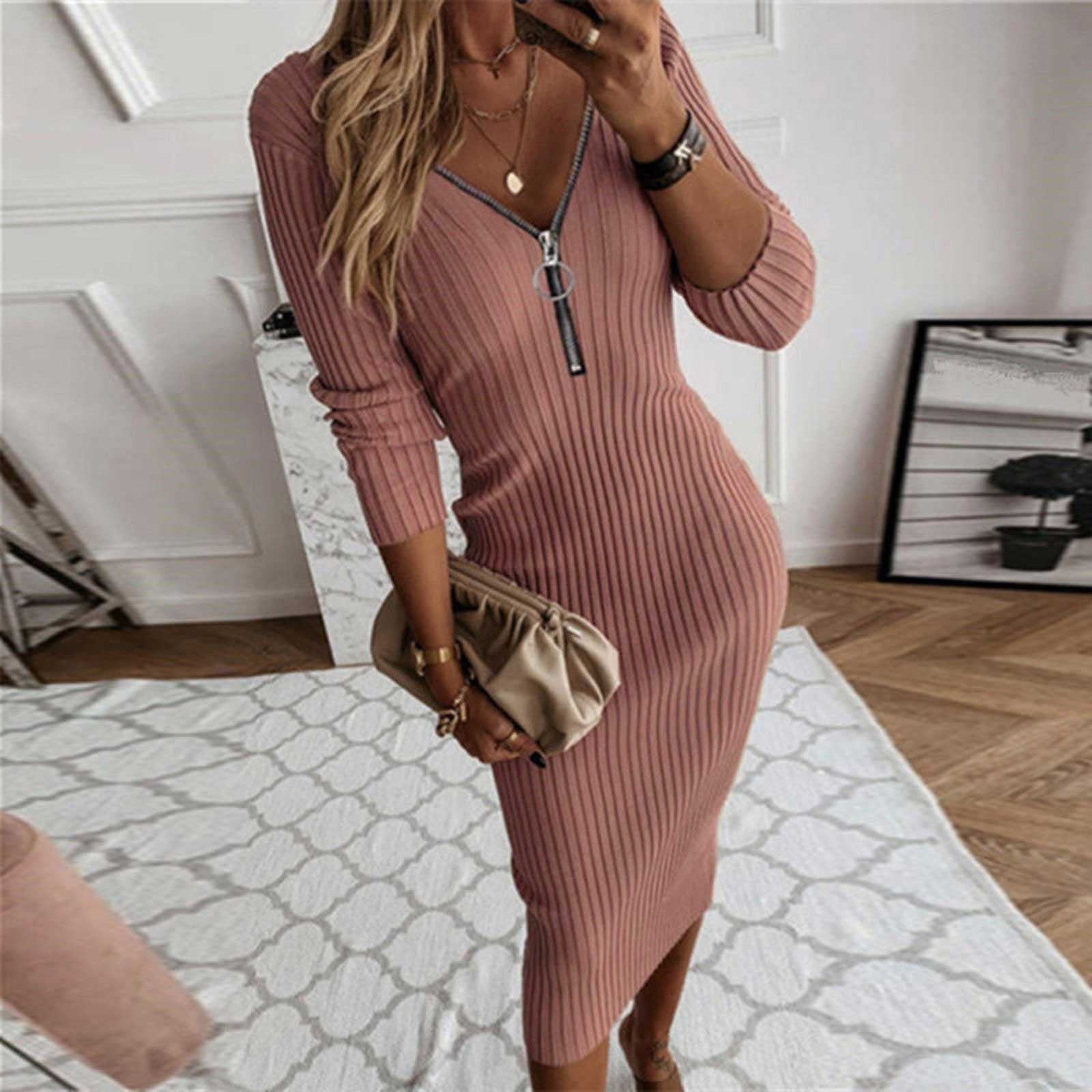 Fashion Bodycon Zipper Knit Pullover Maxi Dress Elegant Tight Long Sleeve Sweater Dress Autumn Slim Fit White Women Dress