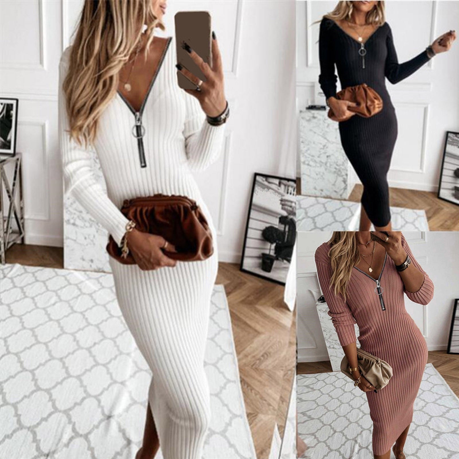 Fashion Bodycon Zipper Knit Pullover Maxi Dress Elegant Tight Long Sleeve Sweater Dress Autumn Slim Fit White Women Dress