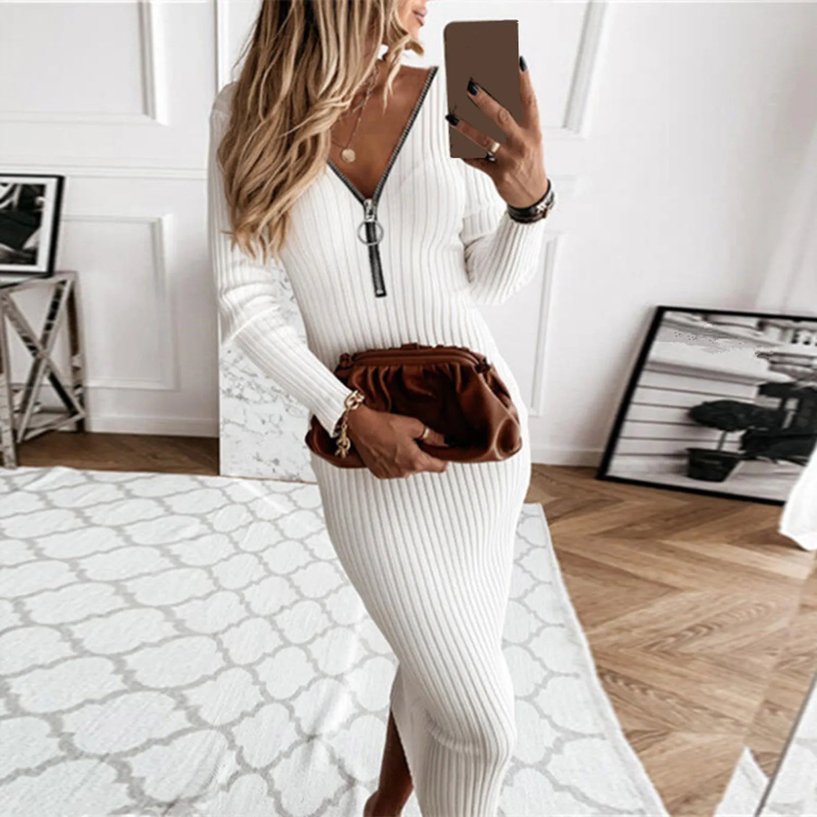 Fashion Bodycon Zipper Knit Pullover Maxi Dress Elegant Tight Long Sleeve Sweater Dress Autumn Slim Fit White Women Dress