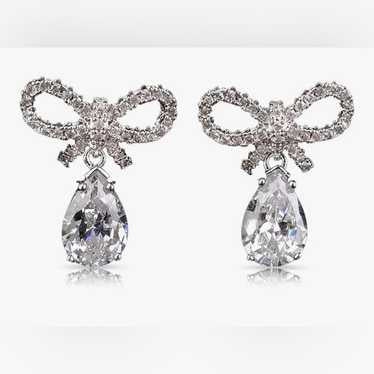 Rhinestone Bow Stud Earrings with Teardrop Drop, Silver-Tone
