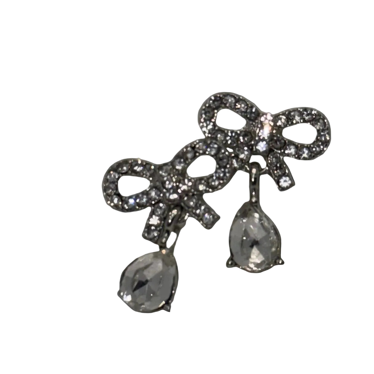 Rhinestone Bow Stud Earrings with Teardrop Drop, Silver-Tone