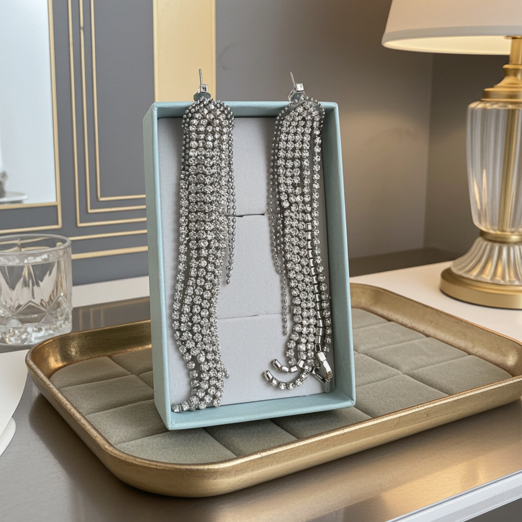 Long multi-strand rhinestone fringe statement earrings in silver-tone, angled view