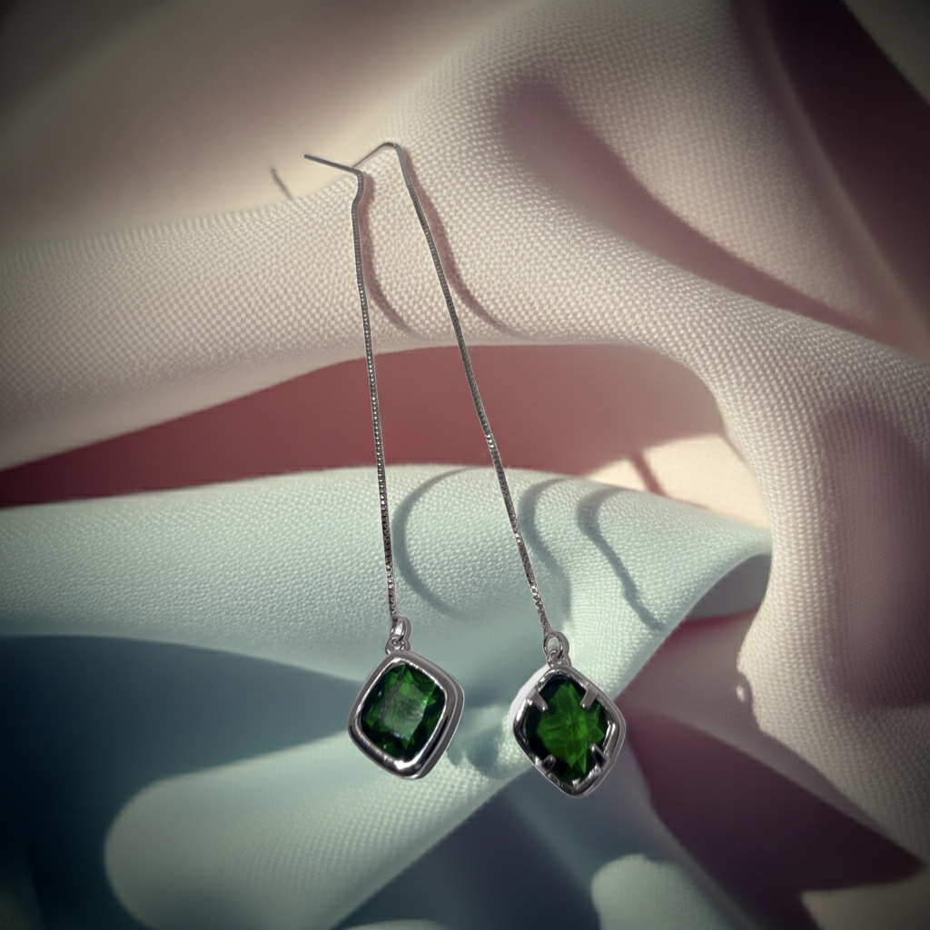 Silver-Tone Chain Threader Earrings, Green Stone Drops