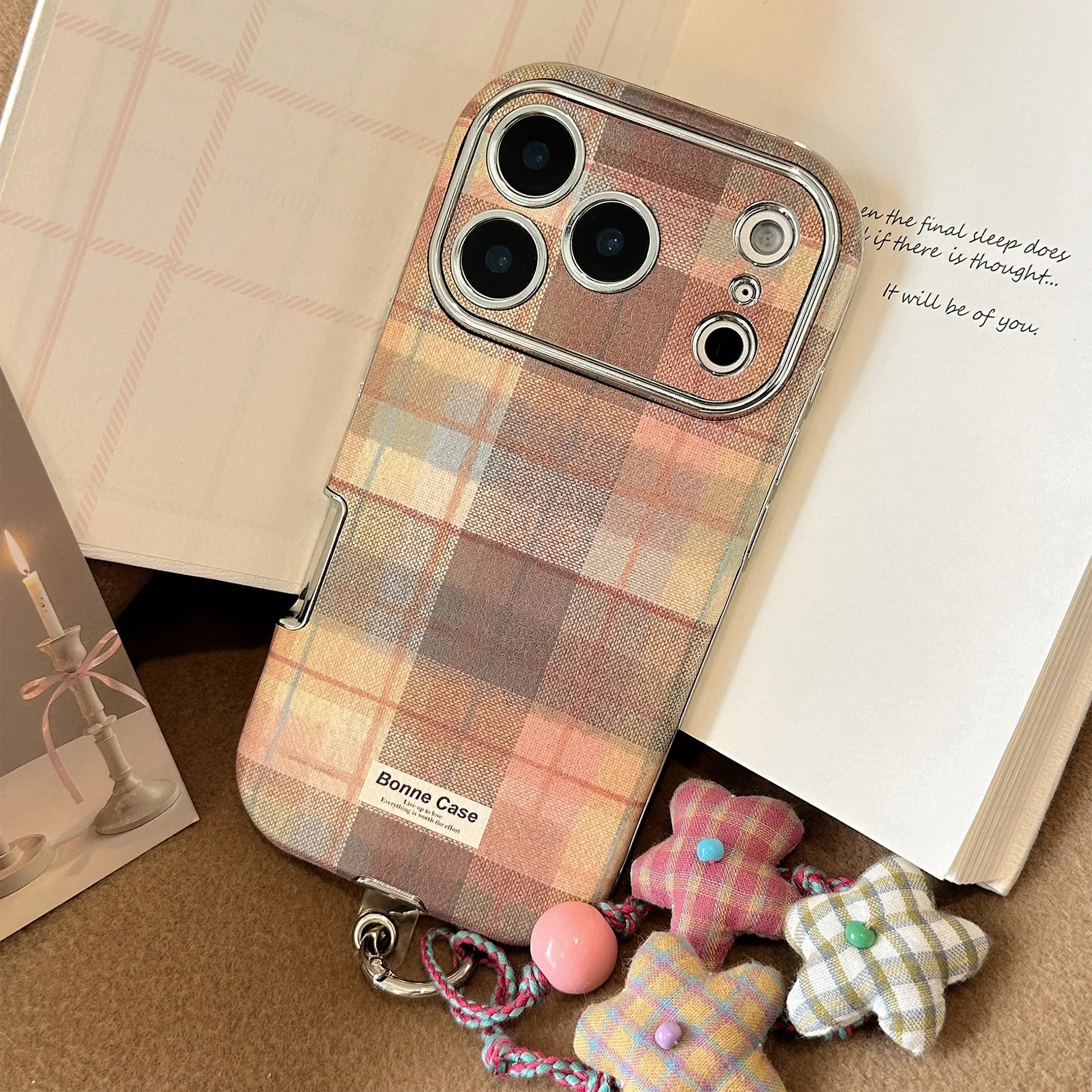 Korean phone case Grid Pattern Cloth Texture Plating Phone Case With Stars Strap For iPhone PhoneShells   Phonecase  TRUST 365 Media
