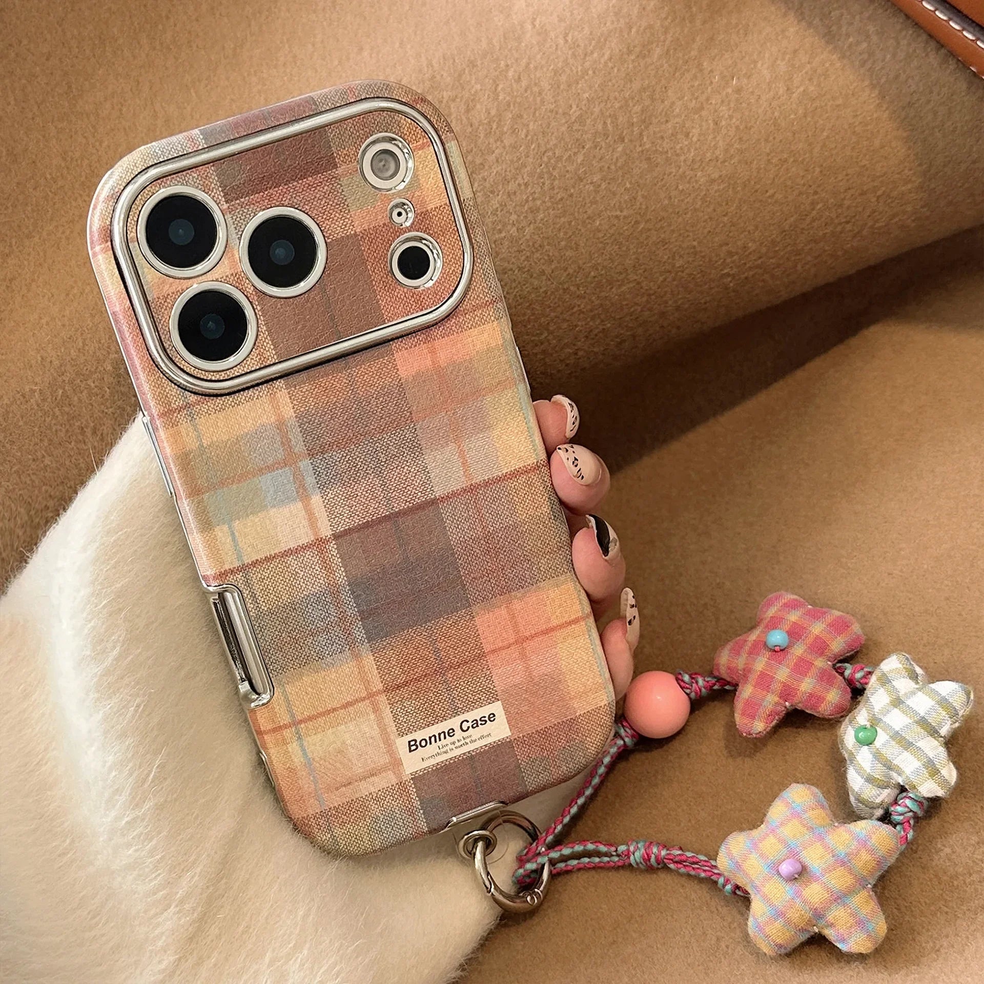 Korean phone case Grid Pattern Cloth Texture Plating Phone Case With Stars Strap For iPhone PhoneShells   Phonecase  TRUST 365 Media
