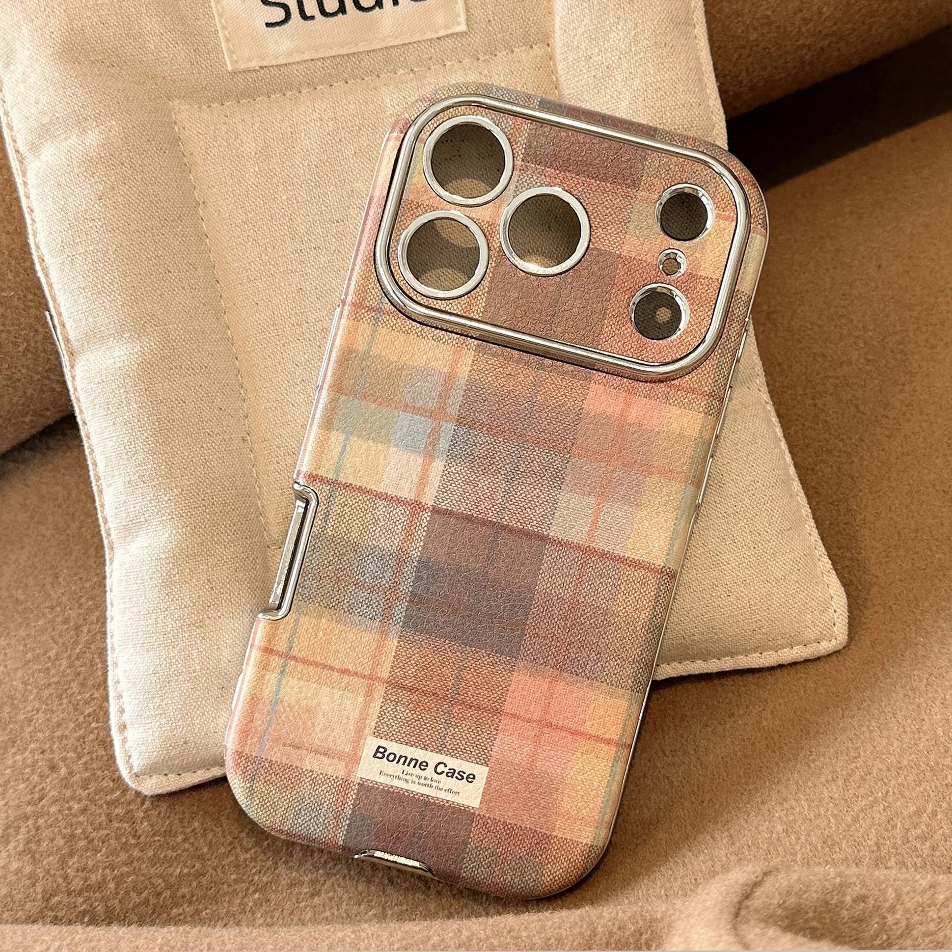 Korean phone case Grid Pattern Cloth Texture Plating Phone Case With Stars Strap For iPhone PhoneShells   Phonecase  TRUST 365 Media