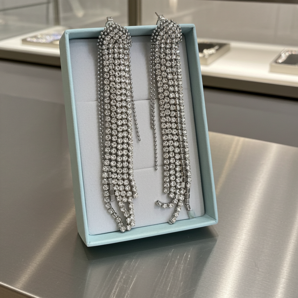 Long multi-strand rhinestone fringe statement earrings in silver-tone