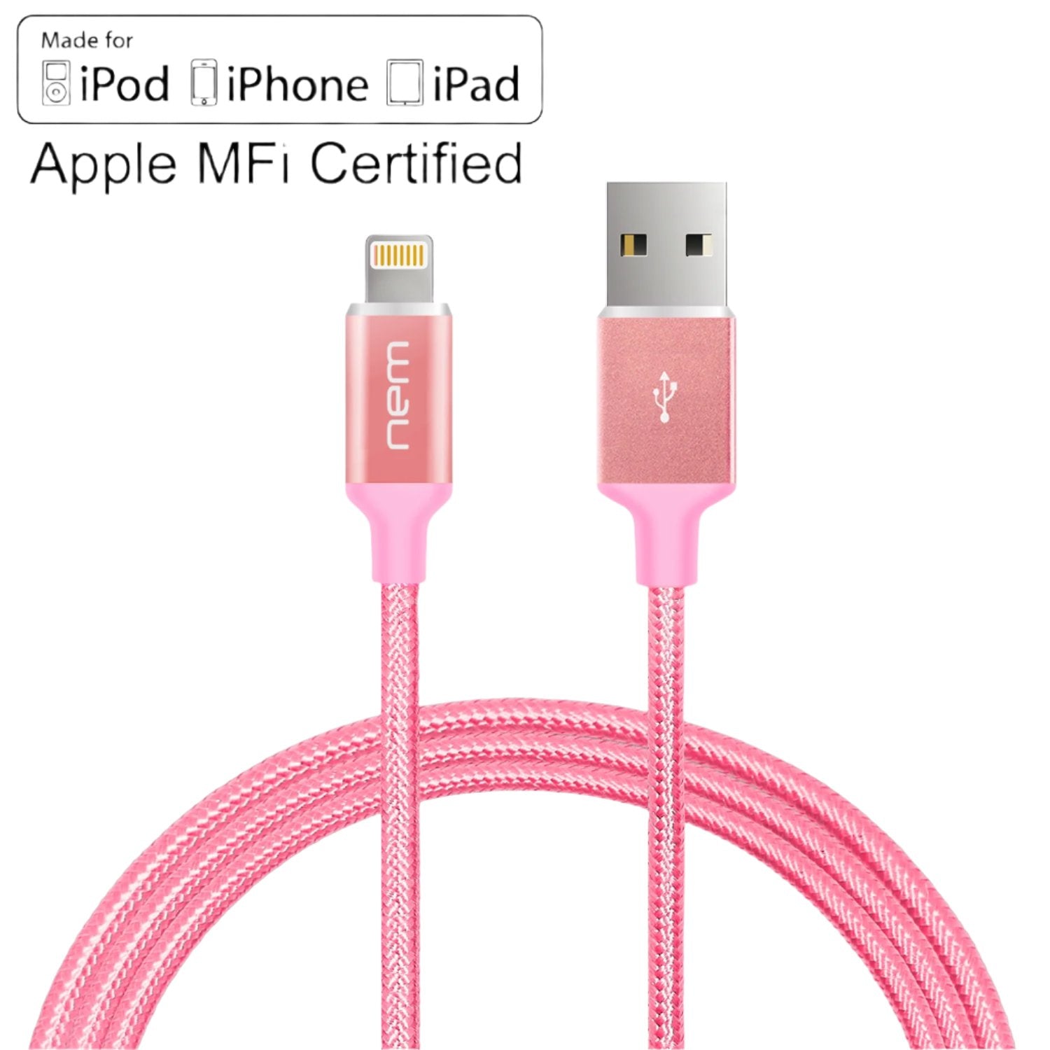 Apple MFi Certified Nylon Braided Lightning Cable 4Ft. RoseG