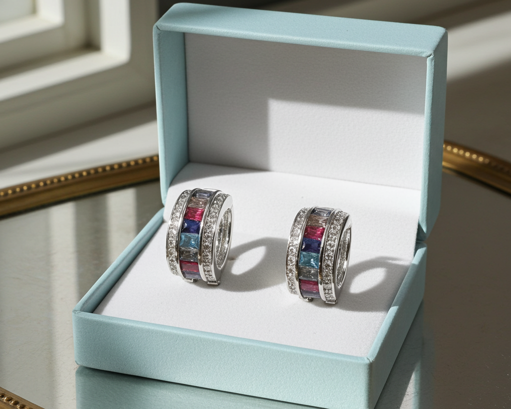 Multicolour baguette rhinestone half-hoop earrings in silver-tone, channel-set with clear stone borders, alternate view