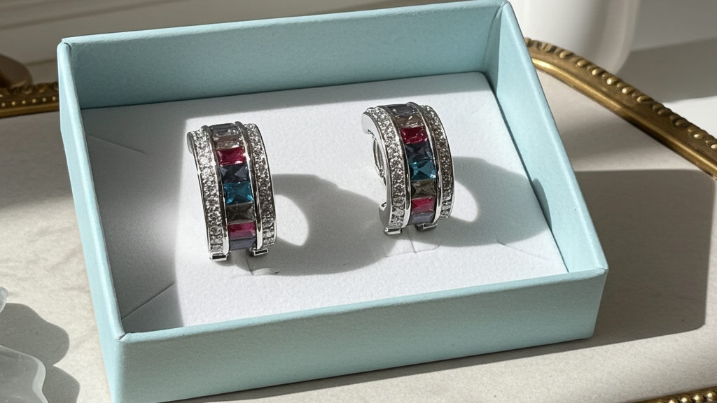 Multicolour baguette rhinestone half-hoop earrings in silver-tone, channel-set with clear stone borders, detail view