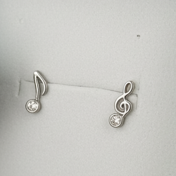 Mismatched music note stud earrings, treble clef and eighth note, silver-tone with clear rhinestone, alternate view