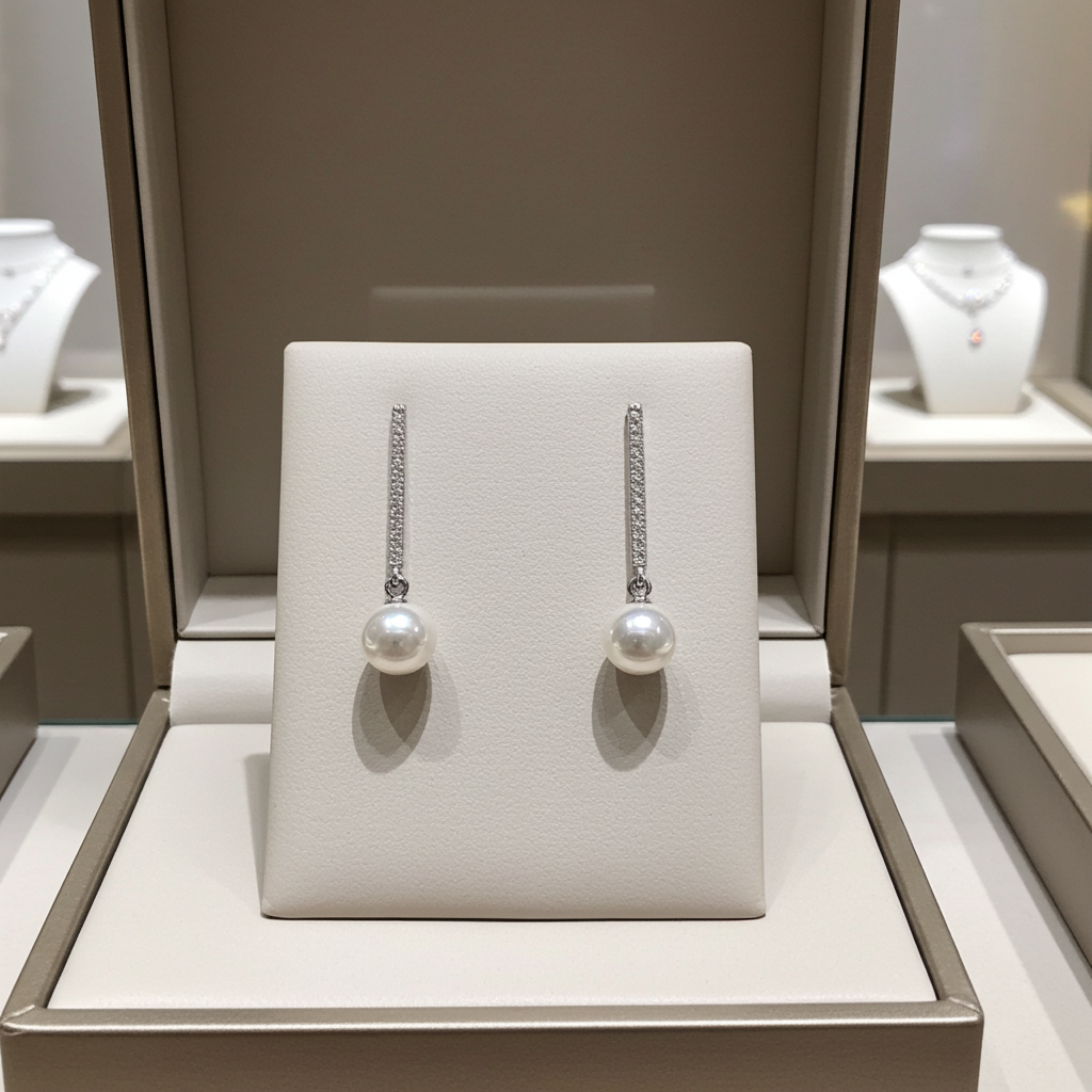 Faux pearl drop earrings on a slender silver-tone pave rhinestone bar, post backs, alternate view
