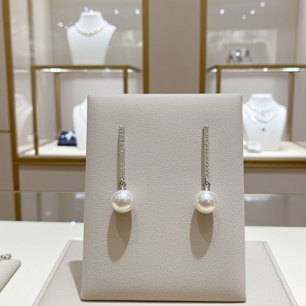 Faux pearl drop earrings on a slender silver-tone pave rhinestone bar, post backs