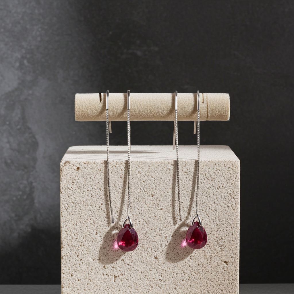 Red teardrop rhinestone chain threader earrings on fine silver-tone chain, angled view