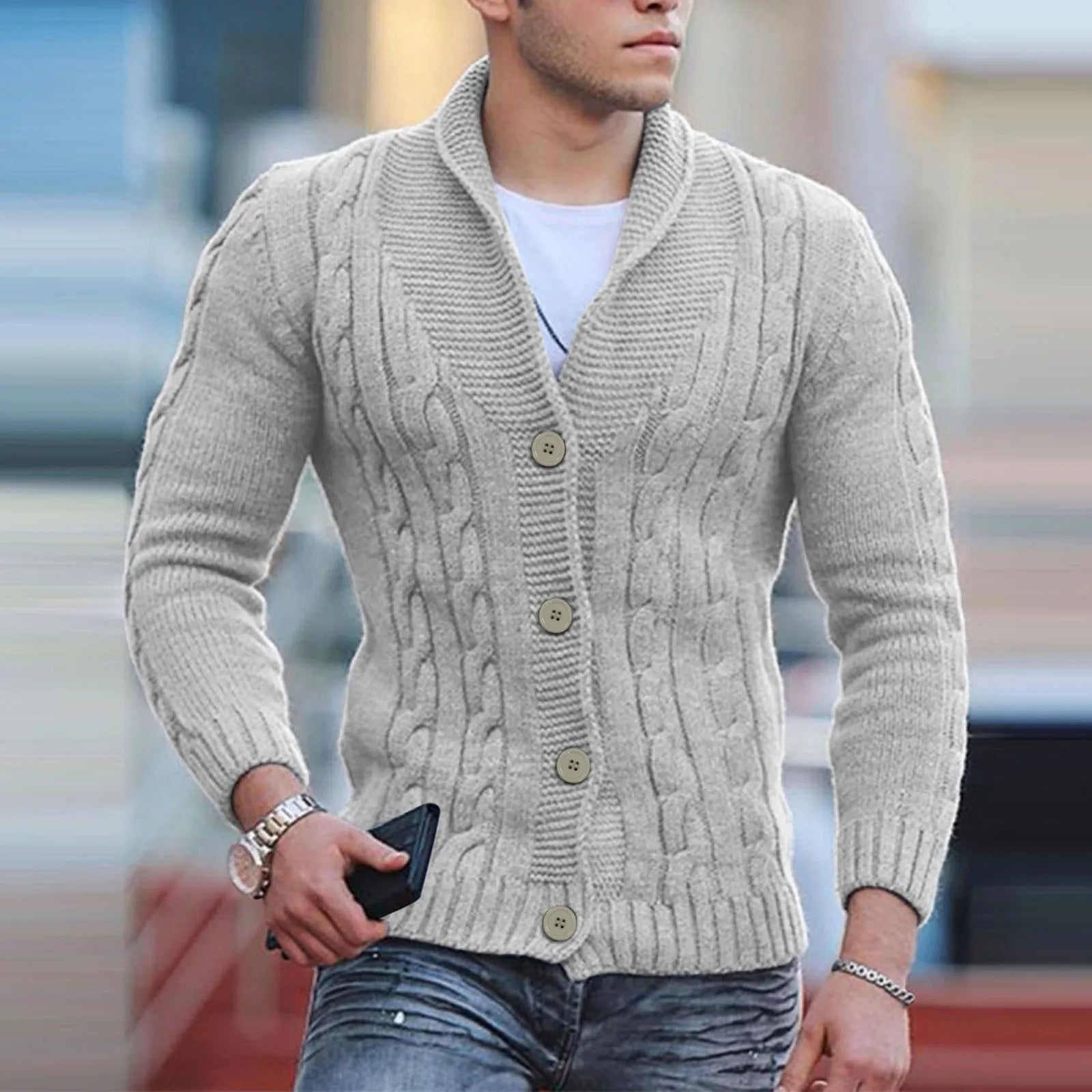 Mens Autumn Fashion Solid Color Knit Cardigan Sweater 2024 New Shawl Collar Loose Fit Long Sleeve Single-breasted Cardigans