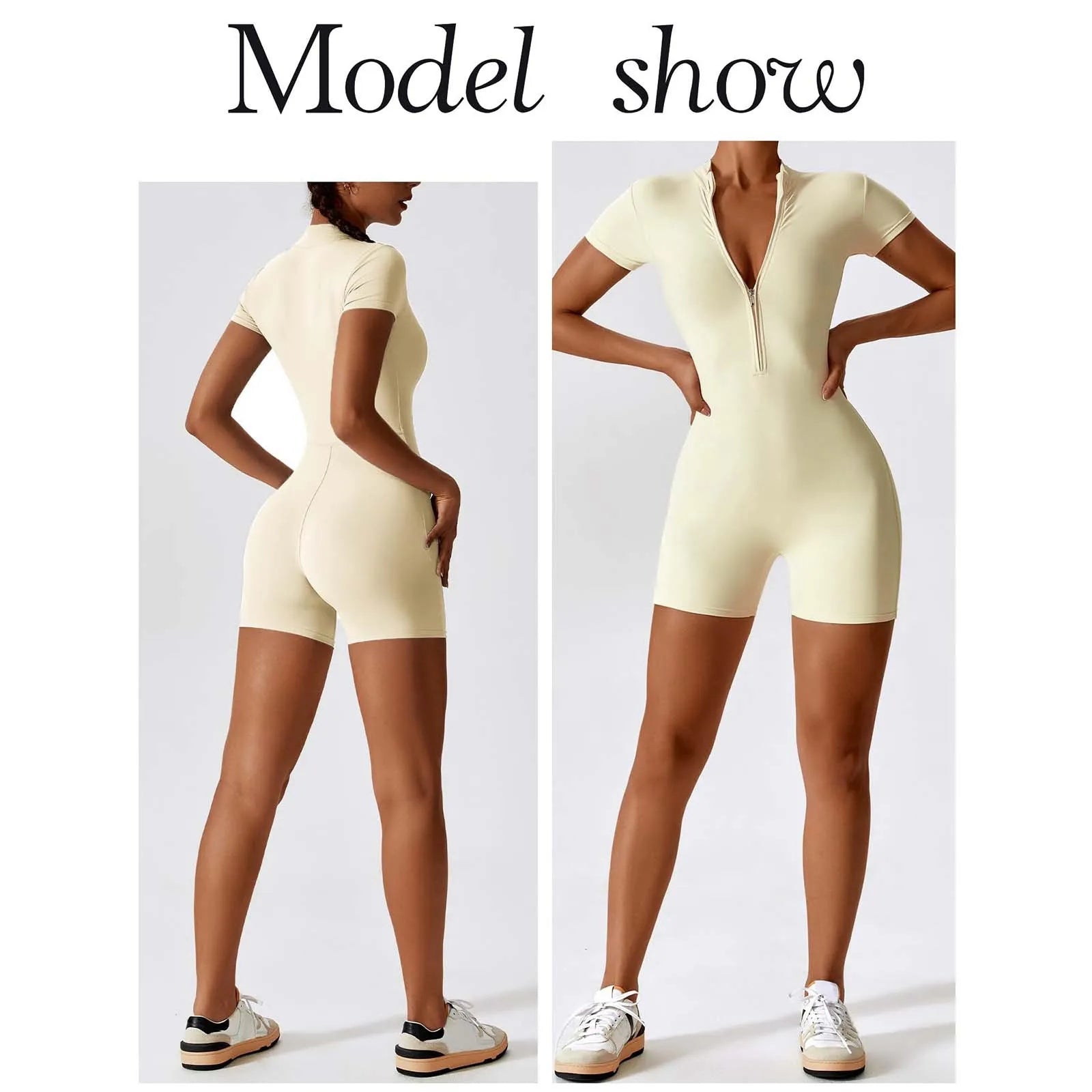 Women'S Solid Sporty Tight Playsuit Summer Zippered Front Short Sleeve Fitness Shorts Bodysuits