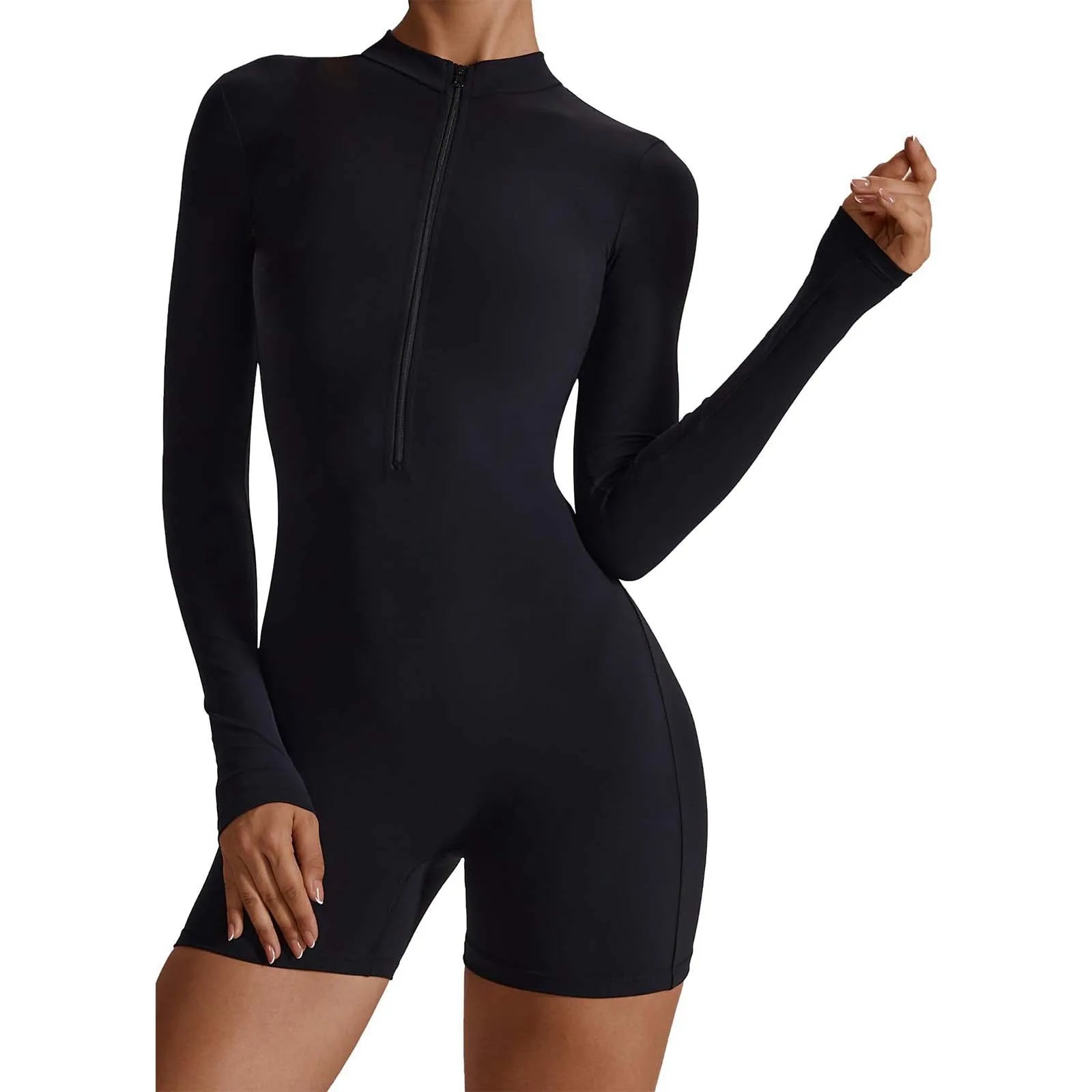 Women'S Solid Sporty Tight Playsuit Summer Zippered Front Short Sleeve Fitness Shorts Bodysuits