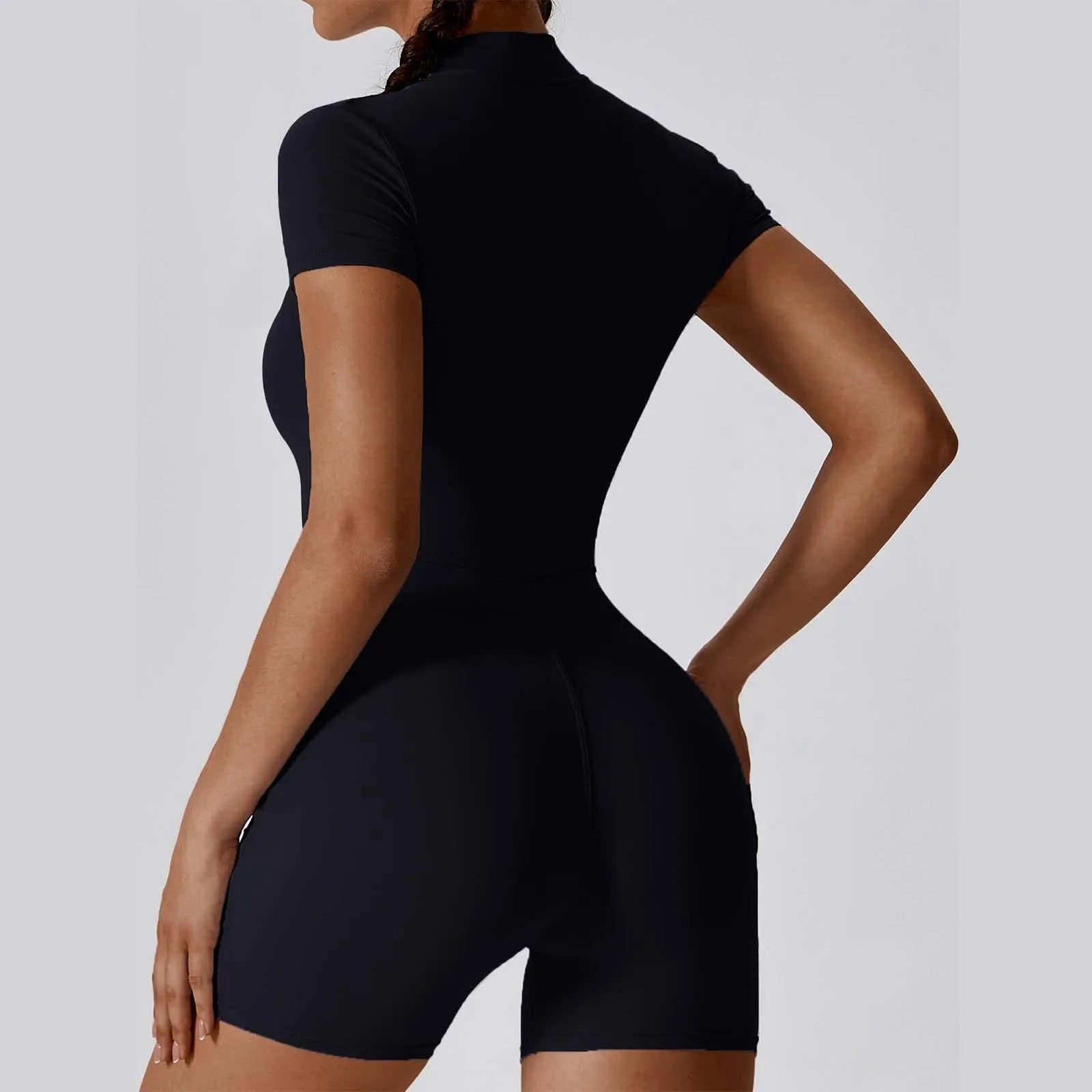 Women'S Solid Sporty Tight Playsuit Summer Zippered Front Short Sleeve Fitness Shorts Bodysuits