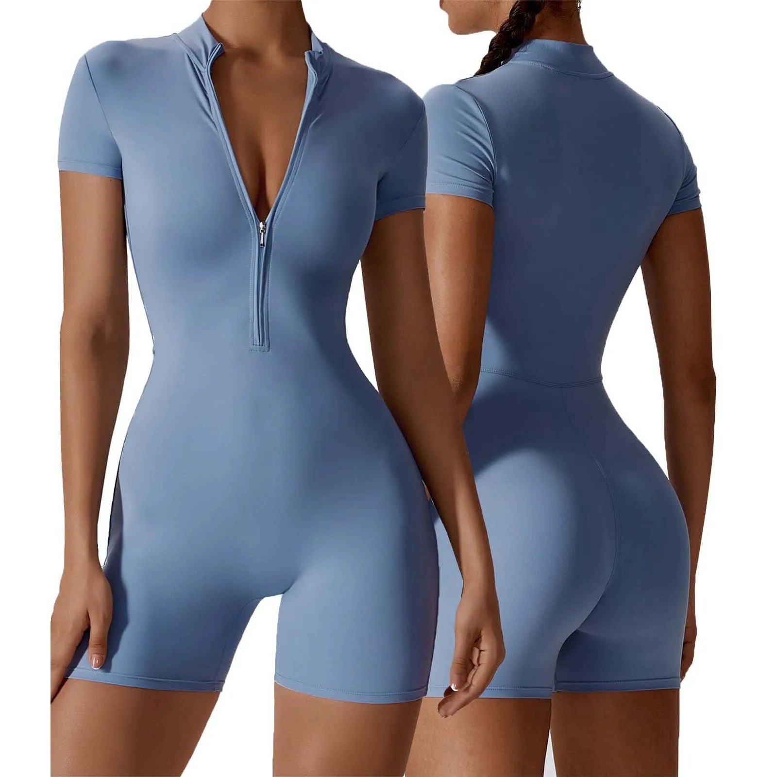 Women'S Solid Sporty Tight Playsuit Summer Zippered Front Short Sleeve Fitness Shorts Bodysuits