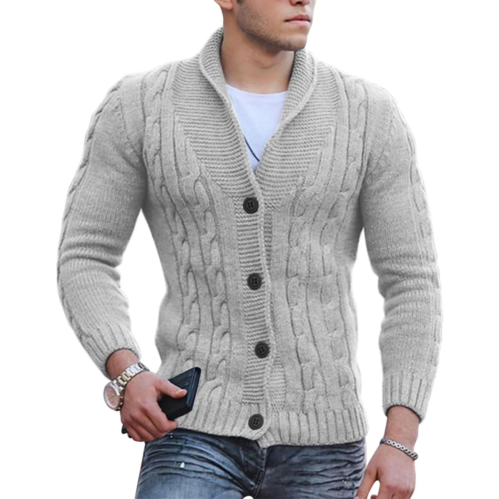 Mens Autumn Fashion Solid Color Knit Cardigan Sweater 2024 New Shawl Collar Loose Fit Long Sleeve Single-breasted Cardigans