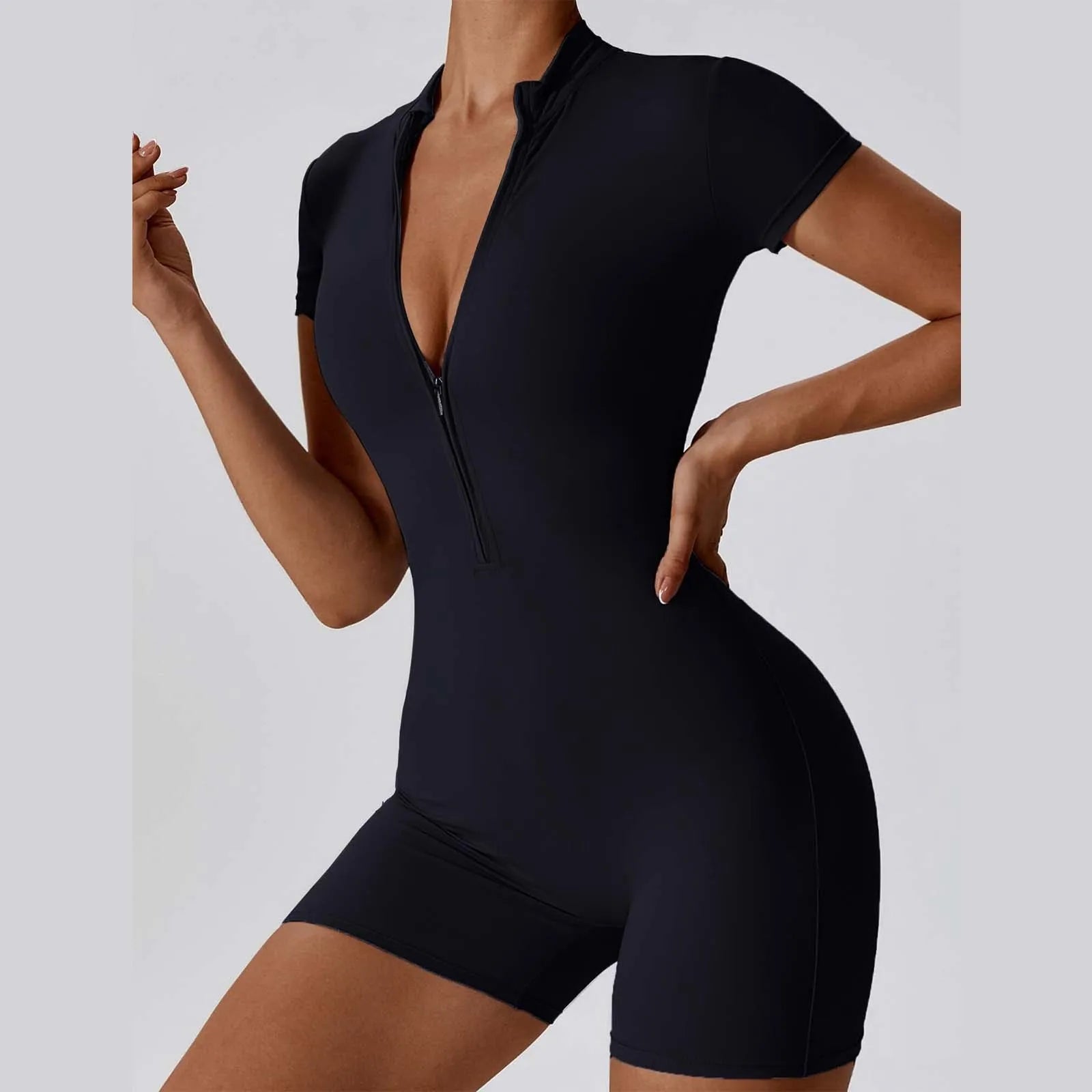 Women'S Solid Sporty Tight Playsuit Summer Zippered Front Short Sleeve Fitness Shorts Bodysuits